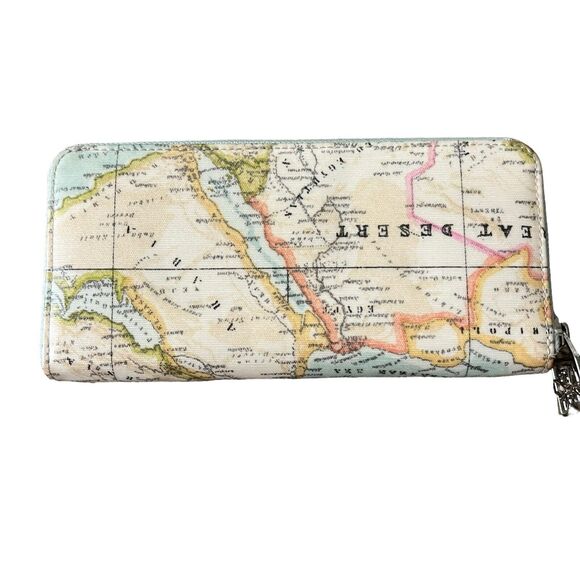 Think Bee Japanese World Map Globe Long Wallet Zip Up Coated Canvas Light Blue - Picture 9 of 16